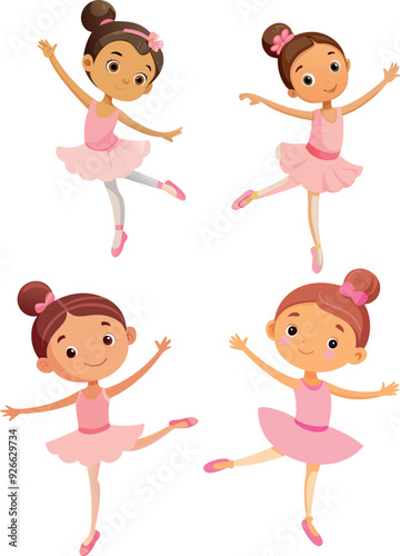 Four cute ballerinas dancing wearing pink ballet tutu dresses