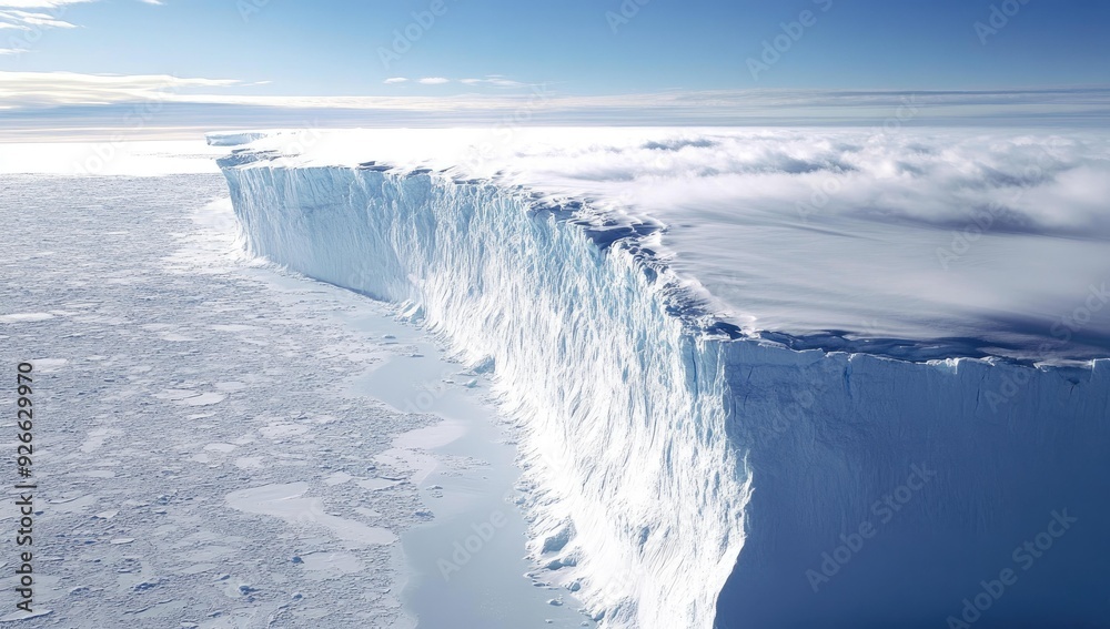Massive ice cliff overlooking frozen sea. Massive ice cliff overlooking frozen sea.