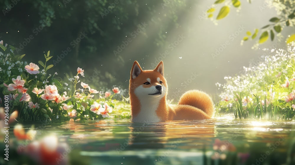 Fototapeta premium Summer breeze carries a refreshing touch as a Shiba Inu paddles in a vibrant, flower-lined pond under sunbeams.