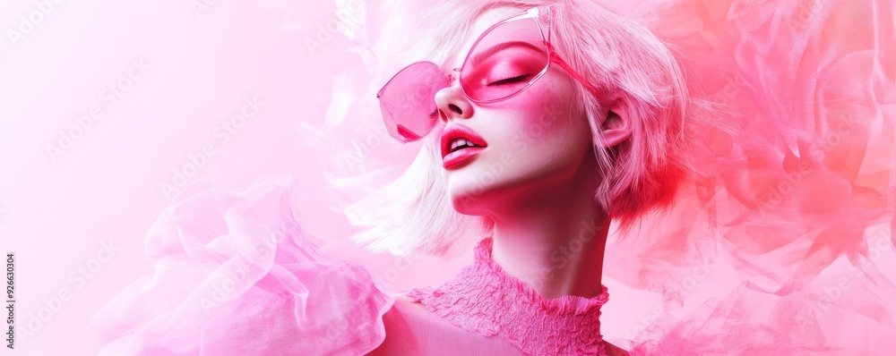 A woman with pink hair and makeup in a pink haze. A woman with pink hair and makeup in a pink haze.