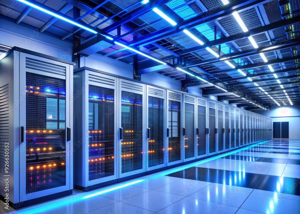 Modern data center features sleek white walls, vibrant fluorescent lighting, and state-of-the-art equipment including rows of servers, advanced switches, and high-speed routers. Modern data center features sleek white walls, vibrant fluorescent lighting, and state-of-the-art equipment including rows of servers, advanced switches, and high-speed routers.
