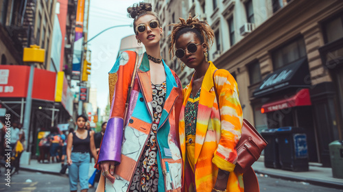 Two extraordinarily stylish women are confidently showcasing bold and colorful outfits against the backdrop of a bustling urban environment, an ideal scene for fashionfocused media and photography photo