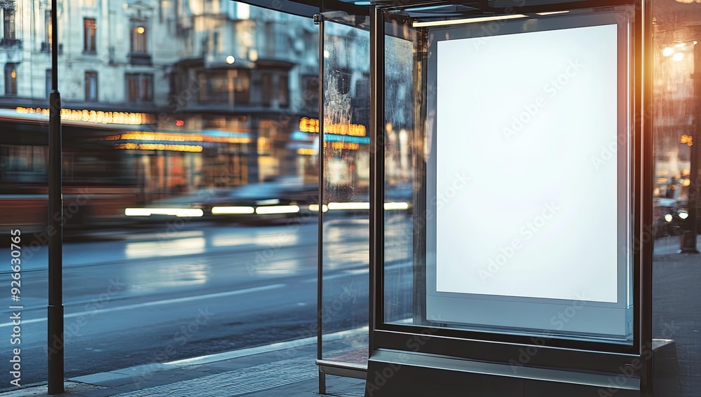 Blank billboard in glass bus stop at dusk. Blank billboard in glass bus stop at dusk.