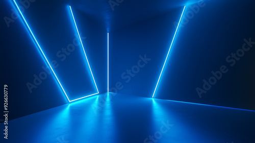 3D rendering of a blue neon light background with an empty room interior