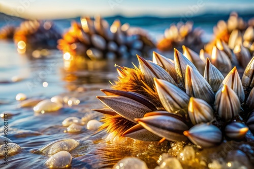 Close-up of barnacles' feathery legs waving gently as they filter-feed on nutrient-rich seaweed, set against a blurred ocean background with sunlit highlights. photo