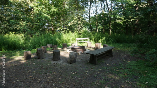 Rustic Seating Around a Fire Pit in the Woods of Schlitz Audubon