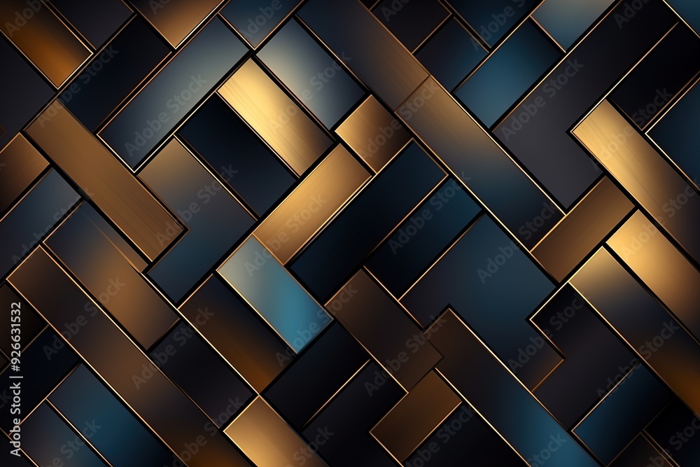 Abstract geometric pattern of black, blue, and gold rectangles. Abstract geometric pattern of black, blue, and gold rectangles.