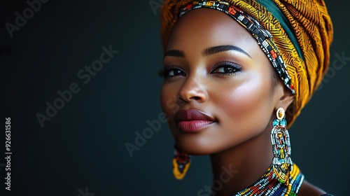 A detailed image of a South African woman with a focus on her traditional or modern attire and expressive features, isolated on a dark background