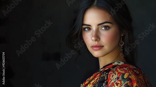 A detailed image of a Spanish woman with a focus on her traditional or modern attire and expressive features, isolated on a dark background