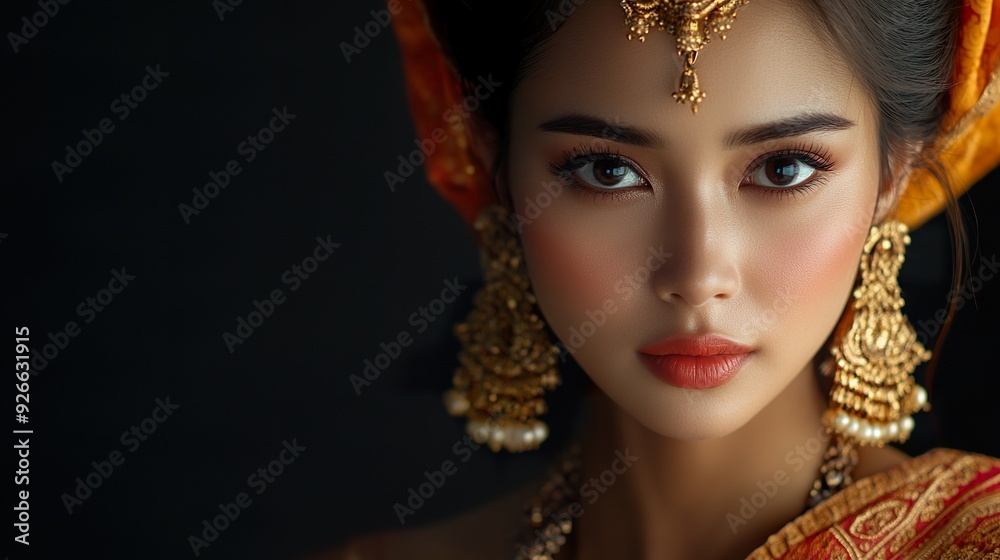 A detailed image of a Thai woman with a focus on her traditional or modern attire and expressive features, isolated on a dark background A detailed image of a Thai woman with a focus on her traditional or modern attire and expressive features, isolated on a dark background