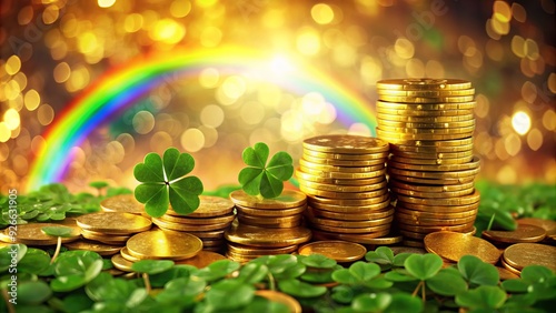 A pile of shiny gold coins surrounded by four-leaf clovers and a rainbow-colored backdrop, symbolizing good fortune on St. Patrick's Day celebrations. photo