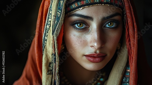 A detailed image of an Egyptian woman with a focus on her traditional or modern attire and expressive features, isolated on a dark background photo