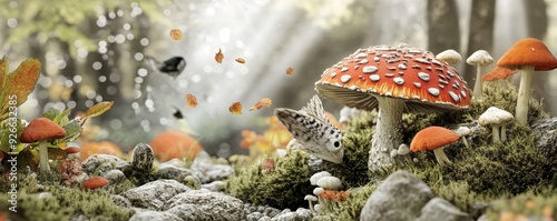 Magical mushrooms growing in a forest. photo