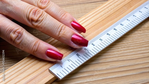 A precise horizontal white line on a wooden ruler serves as a guide for perfectly aligning and spacing fingernail polish stripes on a pampered hand. photo