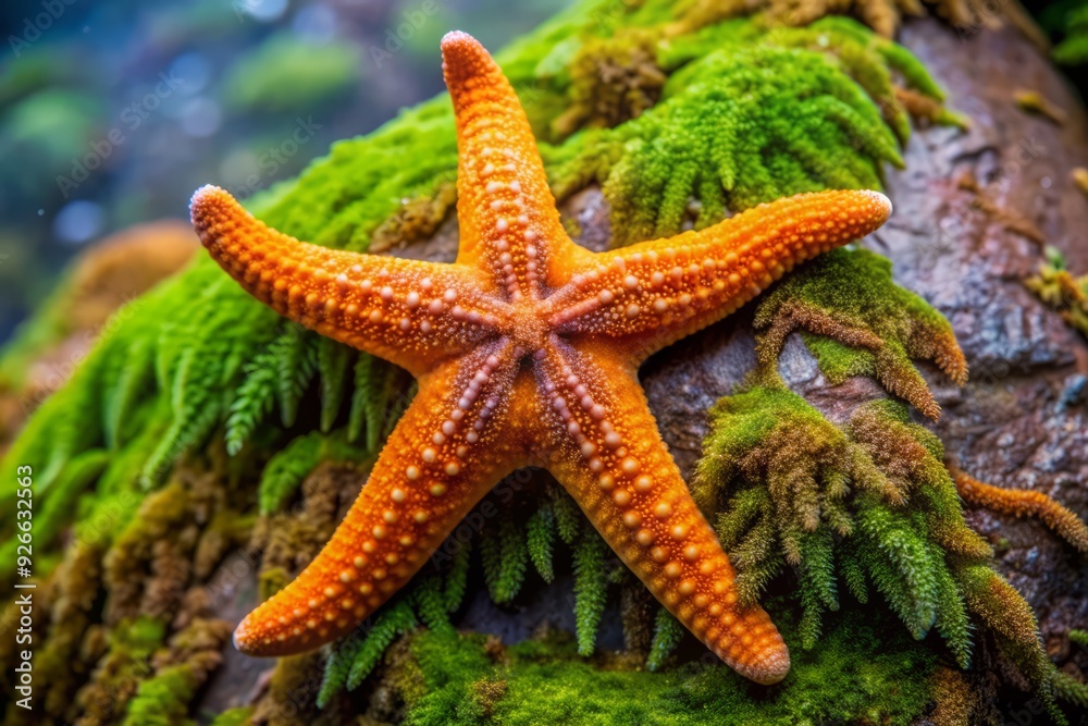 Vibrant orange starfish tightly grips a moss-covered rock, its delicate, five-armed body showcasing intricate patterns, tiny tube feet, and textured skin in stunning macro detail. Vibrant orange starfish tightly grips a moss-covered rock, its delicate, five-armed body showcasing intricate patterns, tiny tube feet, and textured skin in stunning macro detail.