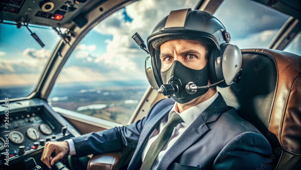 A professional aviator wearing a sleek black helmet and oxygen mask, sitting in the cockpit of a commercial airliner, ready for takeoff. A professional aviator wearing a sleek black helmet and oxygen mask, sitting in the cockpit of a commercial airliner, ready for takeoff.