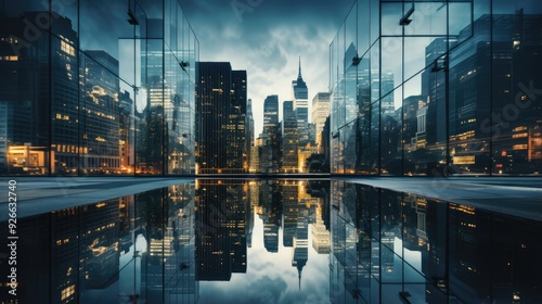 Modern Urban Skyline with Reflective Office Buildings at Night