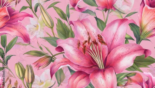Spring lily flower plant illustration pink seamless nature wallpaper floral pattern background design watercolor
