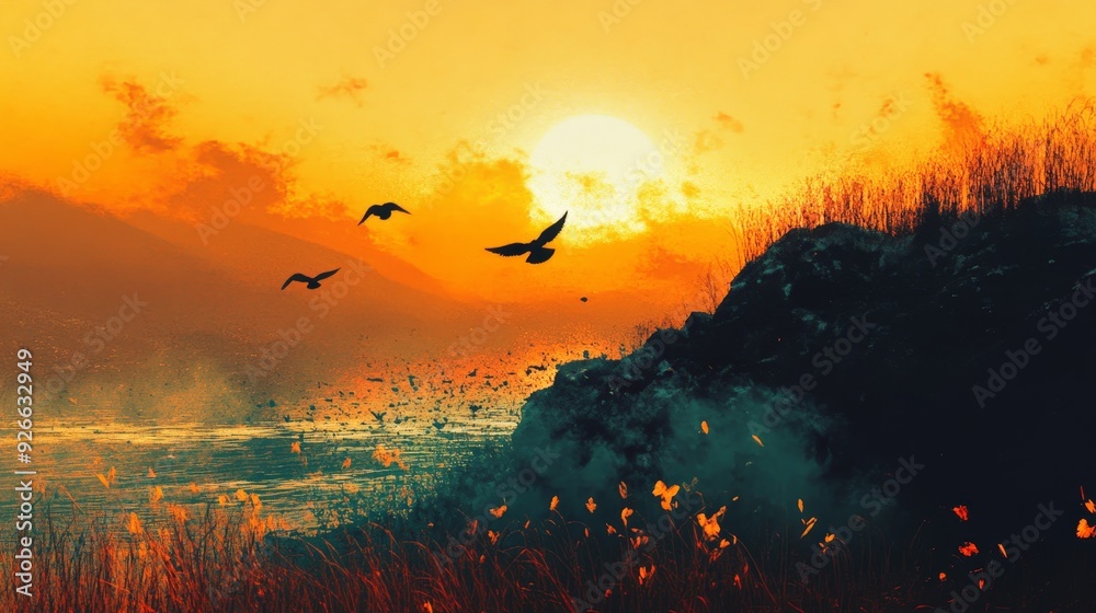 Silhouettes of birds flying over a mountain range at sunset with a beautiful sky with clouds.