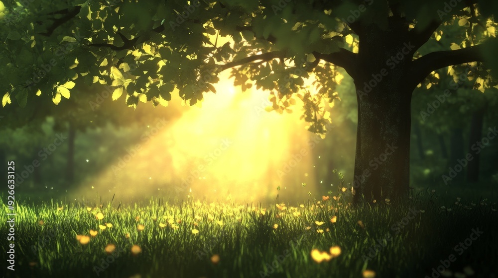 Sunbeams illuminate a lush green forest clearing with a large tree casting a shadow. The air is filled with dust motes. Sunbeams illuminate a lush green forest clearing with a large tree casting a shadow. The air is filled with dust motes.