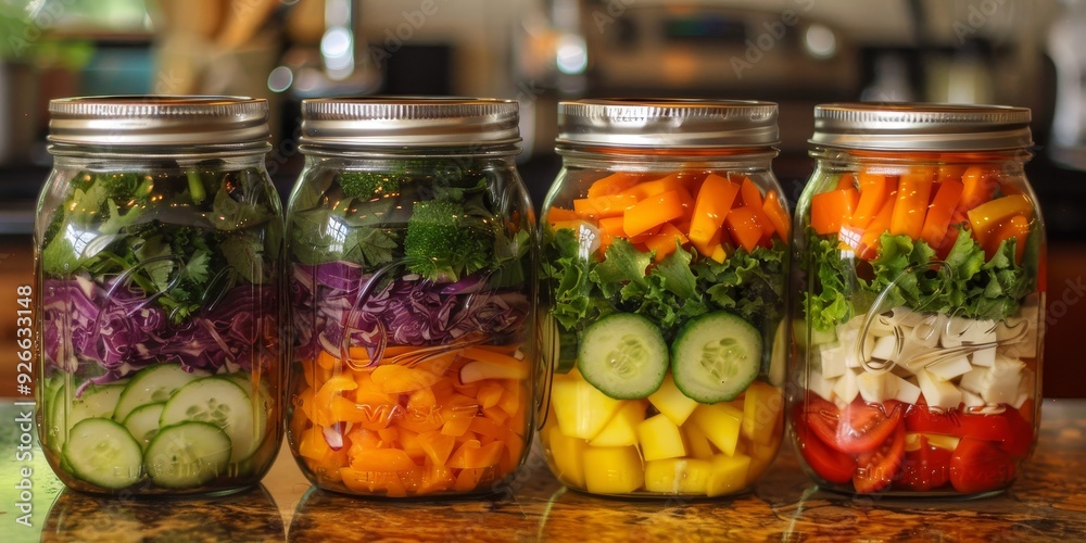 Colorful jars filled with fresh vegetables, showcasing healthy eating and meal prep ideas in a vibrant kitchen setting. Colorful jars filled with fresh vegetables, showcasing healthy eating and meal prep ideas in a vibrant kitchen setting.