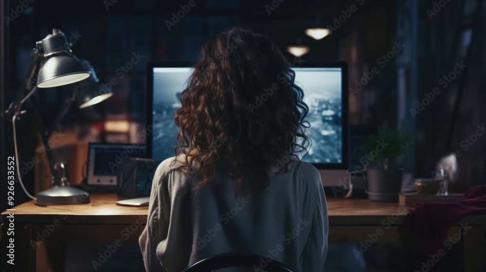 A young adult woman working on a computer at a desk at night. A young adult woman working on a computer at a desk at night.