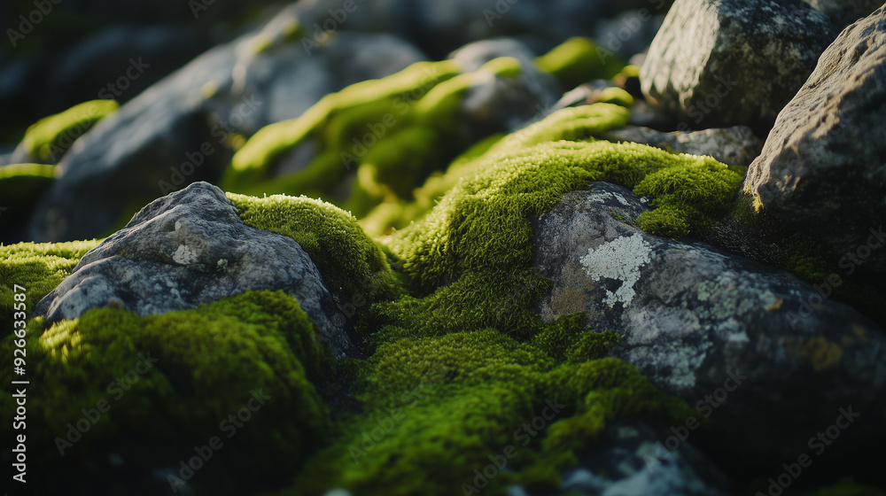 Close-up of moss-covered rocks in sunlight. Nature landscape photography. Close-up of moss-covered rocks in sunlight. Nature landscape photography.