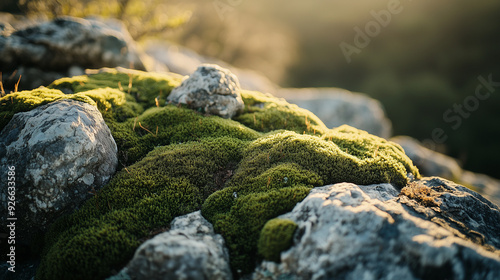 Moss-covered stones in a natural environment at sunset. Nature landscape photography.