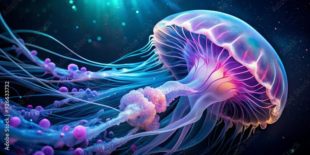 Vibrant, translucent jellyfish with intricate, swirling patterns and iridescent glow shining bright, suspended in dark blue water, showcasing its ethereal, otherworldly beauty. Vibrant, translucent jellyfish with intricate, swirling patterns and iridescent glow shining bright, suspended in dark blue water, showcasing its ethereal, otherworldly beauty.