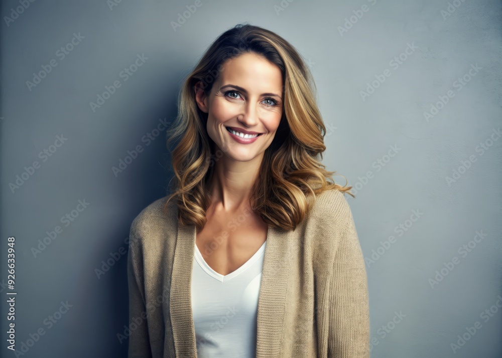 A radiant woman in her thirties flashes a bright smile, donning a stylish cardigan, against a serene and minimalist backdrop, exuding confidence and modern elegance. A radiant woman in her thirties flashes a bright smile, donning a stylish cardigan, against a serene and minimalist backdrop, exuding confidence and modern elegance.
