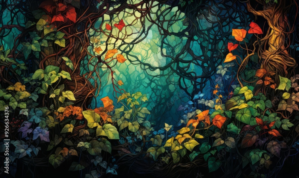 Naklejka premium Tangled vines flat design front view overgrown jungle watercolor Triadic Color Scheme
