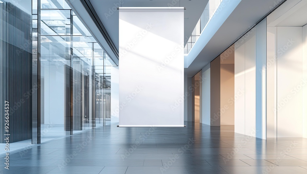 Modern empty hallway with a blank banner.