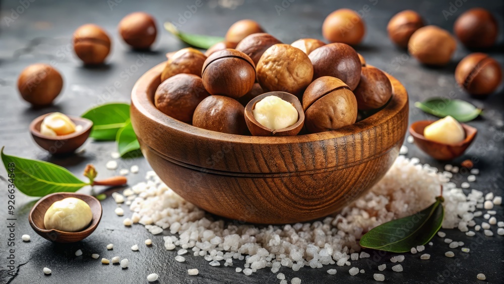 A rustic wooden bowl overflowing with freshly cracked open macadamia nuts, surrounded by a few whole nuts and a sprinkle of sea salt on a marble surface. A rustic wooden bowl overflowing with freshly cracked open macadamia nuts, surrounded by a few whole nuts and a sprinkle of sea salt on a marble surface.