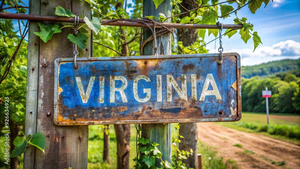 Obraz premium A rusty metal sign with faded blue letters reading 