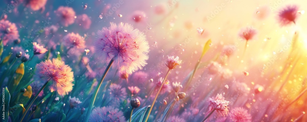 Dreamy field of pink flowers in soft sunlight. Dreamy field of pink flowers in soft sunlight.
