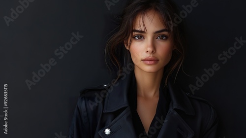 A full-shot of a French woman in classic Parisian fashion, such as a chic black dress or stylish trench coat, showcasing her elegant and sophisticated look, isolated on a dark background photo