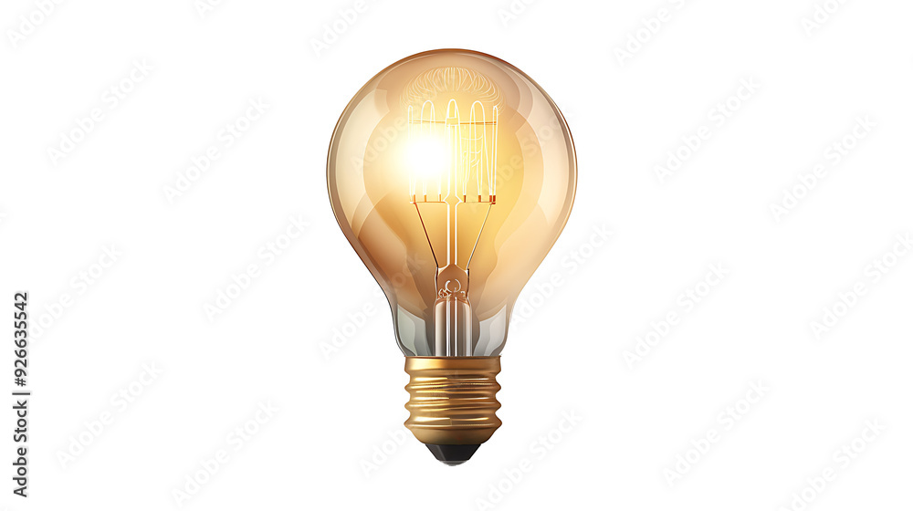 © Gomez - Classic light bulb with a glowing filament, detailed and realistic, isolated on a white background