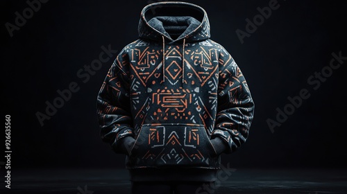 A full-shot of a hoodie with a focus on unique design elements such as graphic prints or embroidered logos, isolated on a dark background to highlight its distinctive style photo