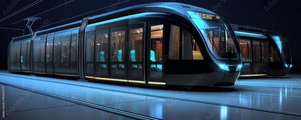 Obraz premium Modern tram parked at night, illuminated by blue lights.