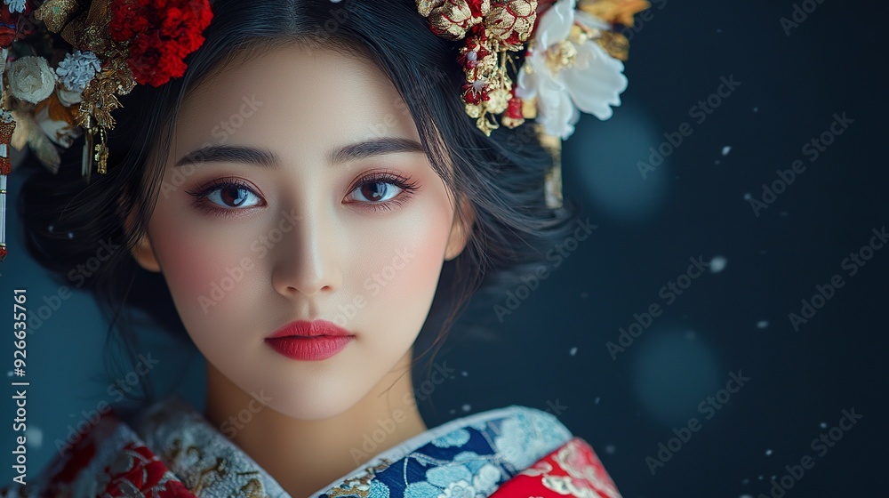 A full-shot of a Japanese woman in festive or ceremonial attire, like for a traditional festival or celebration, isolated on a dark background A full-shot of a Japanese woman in festive or ceremonial attire, like for a traditional festival or celebration, isolated on a dark background