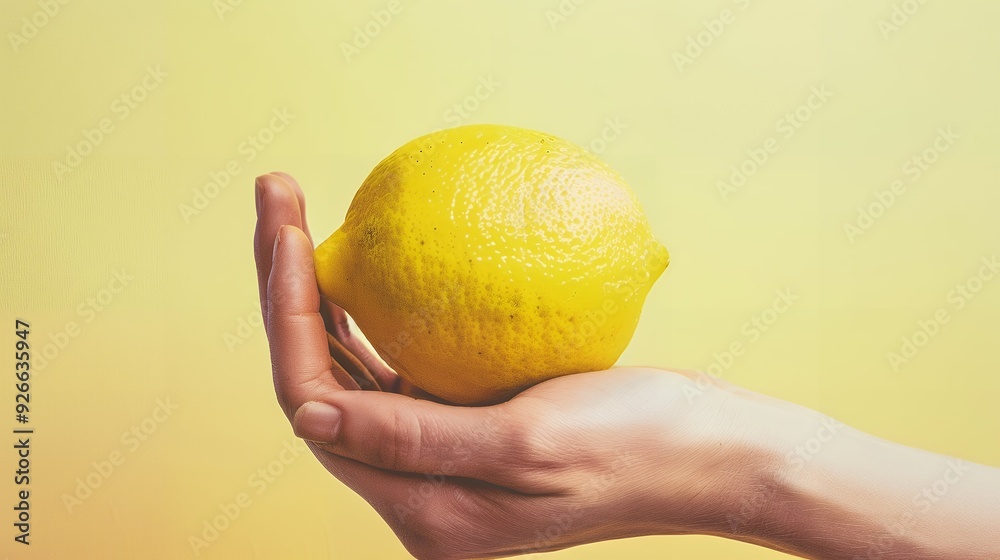 Hand holding lemon isolated on pastel background Hand holding lemon isolated on pastel background