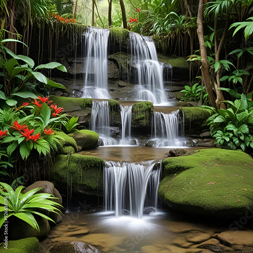 Water gently flowing over smooth. Moss covered rocks in a picturesque multi tiered waterfall background, photo