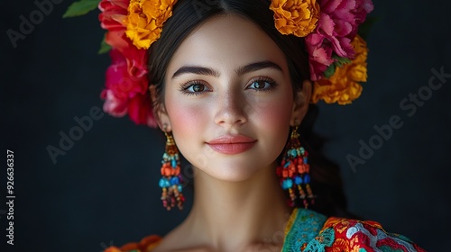 A full-shot of a Mexican woman wearing traditional attire such as a colorful embroidered dress or blouse, showcasing intricate patterns and vibrant colors, isolated on a dark background