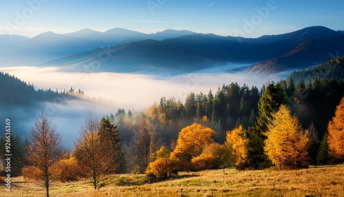 Trees horizon nature mist autumn forest hill sunlight blue landscape mountain morning travel fog
