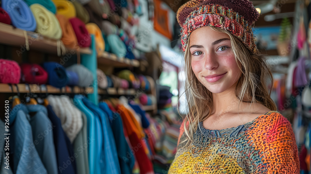 Fototapeta premium A woman is smiling and wearing a knit hat and scarf. She is standing in front of a display of colorful yarn