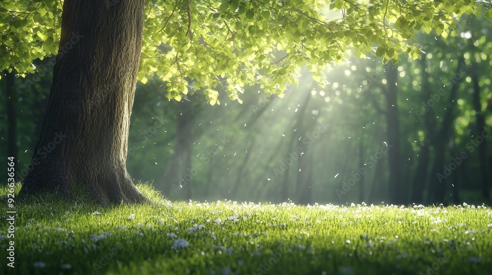 Sunlight streams through the leaves of a large tree in a lush forest. Sunlight streams through the leaves of a large tree in a lush forest.