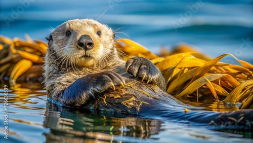 A serene sea otter floats on its back in the calm ocean, wrapping itself in seaweed, with a playful glint in its whiskered face. photo