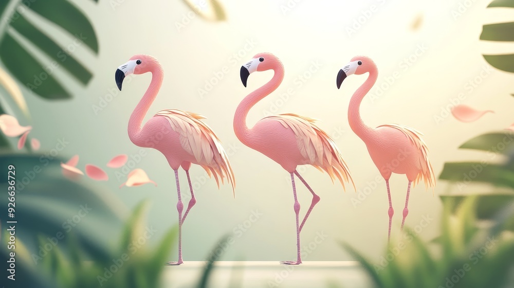 Fototapeta premium Three pink flamingos stand in a tropical setting, surrounded by lush greenery and delicate pink petals.