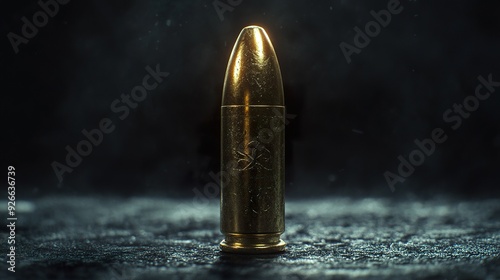 A full-shot of a realistic bullet with detailed engraving and metallic sheen, isolated on a dark background  photo