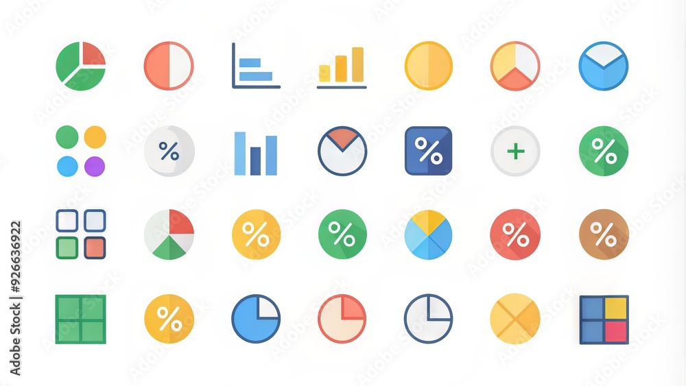 A set of colorful icons representing different quantities, including numbers, percentages, and fractions, arranged in a modern and minimalist design on a white background. A set of colorful icons representing different quantities, including numbers, percentages, and fractions, arranged in a modern and minimalist design on a white background.